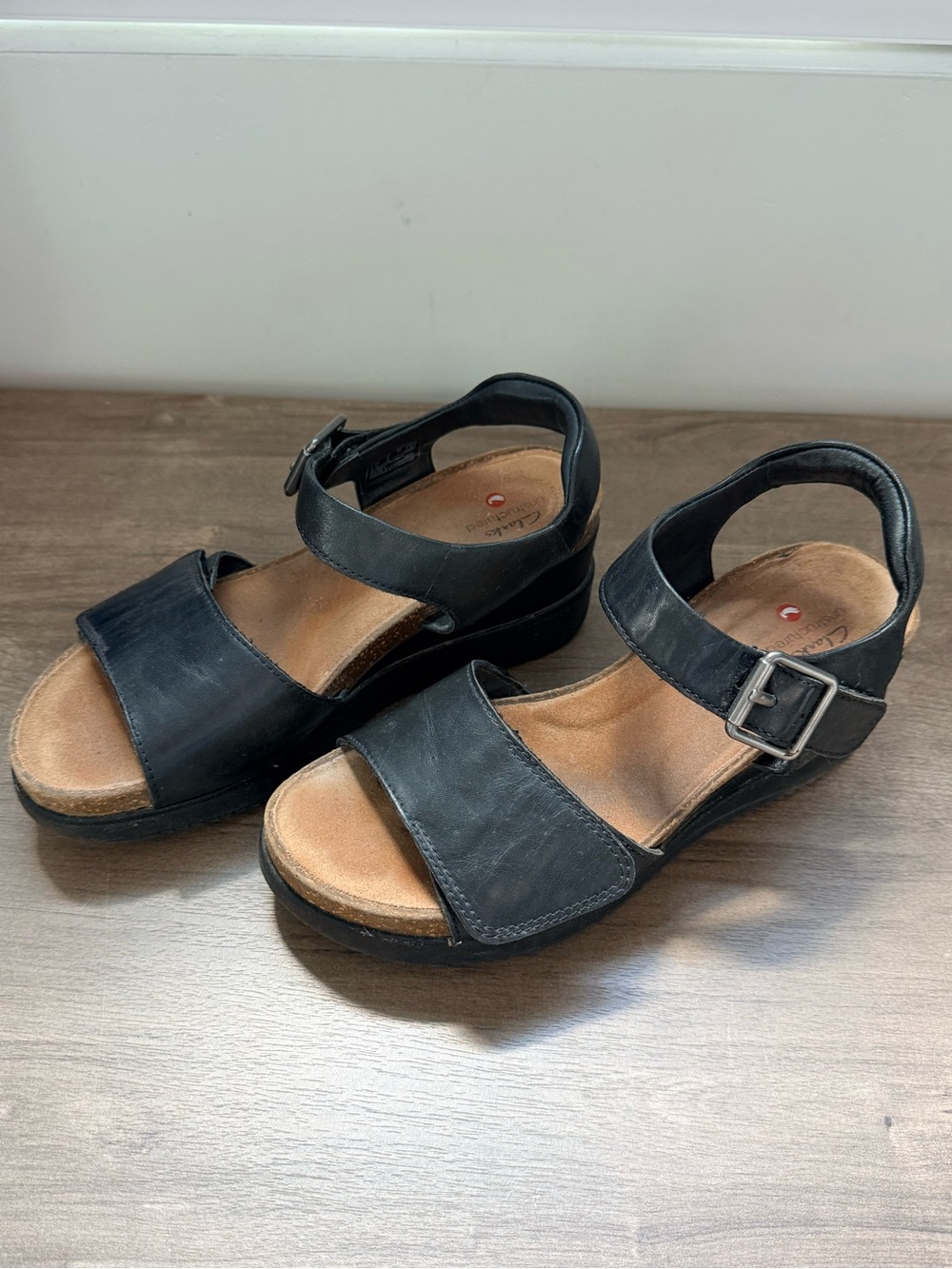 Clarks Black Leather Ankle Strap Sandals with Buckle